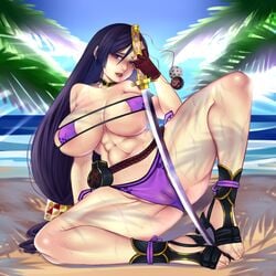 1girls bare_shoulders blindneko99 blush breasts choker cleavage eyepatch_bikini fate/grand_order fate_(series) female female_only highres isao large_breasts long_hair looking_at_viewer minamoto_no_raikou_(fate/grand_order) minamoto_no_raikou_(swimsuit_lancer) navel purple_bikini purple_eyes purple_hair smile solo tagme thick_thighs very_long_hair