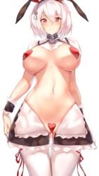 adapted_costume anchor_choker animal_ears apron azur_lane bangs black_shorts blush breasts breasts_apart bunny_ears choker clavicle cleavage cowboy_shot crotchless erect_nipples erect_nipples_under_clothes eyebrows_visible_through_hair fake_animal_ears female frilled_apron frilled_choker frills hair_between_eyes heart heart_pasties high_resolution inverted_costume large_breasts large_filesize looking_at_viewer maebari meme_attire navel nipples pasties red_eyes red_heart_pasties red_pasties revealing_clothes reverse_bunnysuit reverse_outfit ribbon ruwoka scrunchie short_hair shorts shrug_(clothing) sidelocks simple_background sirius_(azur_lane) smile solo standing stomach thigh_ribbon thighhighs very_high_resolution white_background white_hair white_hair_ornament white_legwear white_scrunchie wrist_scrunchie