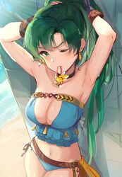 1girls alternate_costume armpits bare_shoulders beach bikini blue_bikini blue_swimsuit cleavage female fire_emblem fire_emblem:_the_blazing_blade fire_emblem_heroes green_eyes green_hair long_hair lyn_(fire_emblem) lyn_(summer)_(fire_emblem) lyndis_(fire_emblem) official_alternate_costume one_eye_closed ormille ponytail seaside solo sweat swimsuit thighs