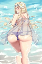 1girls all_fours ass bikini blonde_hair cameltoe female female_only flower flower_in_hair granblue_fantasy jeanne_d'arc_(granblue_fantasy) long_hair looking_back partially_submerged rear_view see-through see-through_clothing skimpy solo treeofbless water