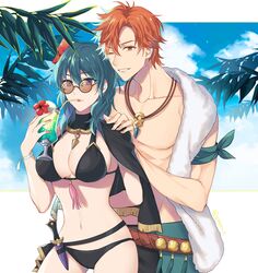 1boy 1girls beach bikini black_bikini black_swimsuit blue_eyes brown-tinted_eyewear byleth_(fire_emblem) byleth_(fire_emblem)_(female) byleth_(fire_emblem)_(female)_(summer) drinking eimaru_z female fire_emblem fire_emblem:_three_houses fire_emblem_heroes flower_in_hair knife large_breasts midriff muscular muscular_male orange_eyes orange_hair sugaharu sunglasses swimsuit sylvain_jose_gautier sylvain_jose_gautier_(summer) teal_hair tinted_eyewear