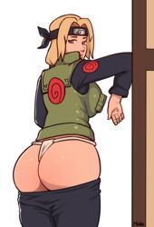 1girls aged_down ass blonde_hair breasts female female_only forehead_protector fundoshi huge_ass huge_breasts konohagakure_symbol long_hair looking_at_viewer looking_back mare_ten naruto naruto_(series) naruto_shippuden panties pants_down solo solo_female solo_focus tsunade wide_hips young_tsunade