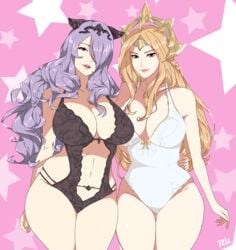 2girls artist_name belly belly_button blonde_hair breasts camilla_(fire_emblem) cleavage clothed clothing crossover eclipse_series female female_only fire_emblem fire_emblem_fates hair_ornament hair_over_one_eye hand_on_hip highres large_breasts league_of_legends leona_(league_of_legends) light-skinned_female light_skin lipstick long_hair looking_at_viewer nintendo one_piece_swimsuit open_mouth purple_eyes purple_hair r3dfive riot_games solar_eclipse_leona swimsuit thick_thighs tiara tights watermark wide_hips yellow_eyes