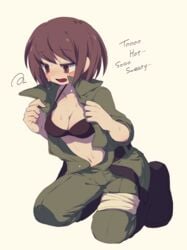 1girls aged_up black_bra blush bra breasts brown_eyes chara cleavage clothing female female_only fully_clothed human lari_ut on_knees open_jacket short_hair strap_gap suggestive swapfell swapfell_chara sweating text toby_fox undertale undertale_au undertale_fanfiction undressing