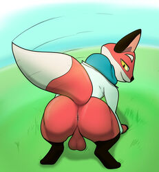 anthro anus ascot ass backsack balls bottomless canid canine cartoon_network clothed clothing digitigrade fox genitals jacket looking_back male male_only mammal mao_mao:_heroes_of_pure_heart presenting presenting_hindquarters rufus_(mao_mao:_heroes_of_pure_heart) solo tailwag topwear trashbadger yellow_eyes