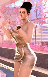 3d breasts dress earrings excella_gionne female female_only hair_bun looking_at_viewer major_guardian resident_evil resident_evil_5 solo