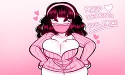 1girls ami_(cinnabus) bangs big_ass big_breasts big_butt big_thighs blush blushing bottomless cinnabus cleavage cleavage_overflow curly_hair eyebrows_behind_hair female female_focus female_only gradient_background hairband hands_on_hips happy heart heart_marking large_breasts leaning_forward long_sleeves looking_at_viewer mask mole_on_breast no_bra pink_eyeshadow pink_mask shiny_breasts shiny_skin shoulder_length_hair simple_background smile smiling surgical_mask sweater text thick_thighs upper_body wavy_hair white_skin