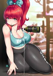 1girls :o big_breasts blue_eyes breasts cleavage clothed clothed_female crop_top female female_focus female_only fully_clothed hourglass_figure human kenron_toqueen midriff red_hair solo solo_female solo_focus sports_bra tank_top thick_thighs tomatita young