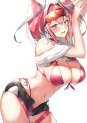 arm_behind_head arms_up azur_lane bangs bikini black_choker black_shorts blush breasts bremerton_(azur_lane) choker cleavage cowboy_shot crop_top ear_piercing eyebrows_visible_through_hair eyewear_on_head female female front-tie_bikini front-tie_top grey_hair hair_between_eyes hair_intakes hair_ornament high_resolution highleg highleg_bikini highleg_swimsuit large_breasts long_hair looking_at_viewer midriff mole mole_under_eye multicolored_hair navel navel_piercing no_jacket off-shoulder_shirt off_shoulder open_fly piercing pink_bikini pink_eyes pink_hair red-tinted_eyewear ruwoka shirt shirt_lift short_shorts short_sleeves shorts side-tie_bikini sidelocks simple_background single_bare_shoulder solo standing streaked_hair sunglasses sweat swimsuit thigh_gap thigh_strap thighs tied_hair twintails two-tone_hair two-tone_shirt unzipped white_background