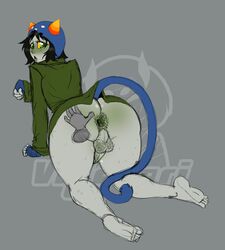 1boy 1futa after_sex ass ass_grab balls black_hair blush clothing dickgirl fingerless_gloves futanari gaping_anus green_eyes grey_background grey_skin hairy_balls hat homestuck horns ms_paint_adventures nepeta_leijon open_mouth penis pubic_hair short_hair tail tongue tongue_out troll valavari