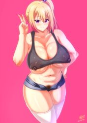 amaaay_zing big_breasts blonde_hair female female_only kawakami_mai long_hair musaigen_no_phantom_world nipples nipples_visible_through_clothing pubic_hair solo solo_female solo_focus thick_thighs thighhighs