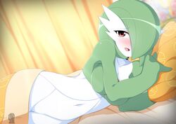 1girls anthro bed blush breasts cute female female_gardevoir female_only furniture gardevoir genitals green_hair hair hi_res humanoid iryanic lying nintendo open_mouth pillow pokémon_(species) pokemon pokemon_(species) pokemon_rse pussy solo video_games