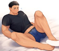 1boy abs ass bara black_hair black_shirt blush bulge censored chest erection footjob full_body gay grey_eyes haozz highres lying male_focus male_underwear muscle navel on_back original penis shiny shiny_hair shirt shirt_pull solo sweatdrop underwear