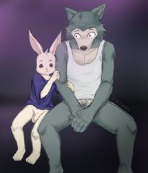 absurd_res anthro balls beastars bottomless canid canine canis clothed clothing duo fur genitals grey_body grey_ears grey_fur hand_on_arm haru_(beastars) hi_res holding_arm lagomorph legoshi_(beastars) leporid looking_at_another lylejones male male/male mammal penis rabbit rule_63 sitting sleeveless_shirt wolf