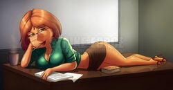1girls alternate_breast_size alternate_eye_color bare_legs big_breasts breasts bust busty cleavage coffee_mug curvaceous curves curvy curvy_body curvy_female curvy_hips desk deviantart deviantart_username family_guy female female_only glasses green_eyes high_heels huge_breasts human large_breasts laying_on_desk legs lois_griffin lying_on_desk milf miniskirt on_desk orange_hair red_lipstick seductive seductive_look short_hair slender_waist solo strike-force teacher thighs voluptuous watermark wide_hips woman