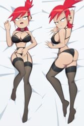 1girls ass bedroom_eyes big_ass black_legwear body_pillow_design cartoon_network dakimakura dakimakura_design earrings female foster's_home_for_imaginary_friends frankie_foster garter_straps hourglass_figure huge_breasts laying_down lingerie panties piercings ravenravenraven red_hair solo solo_female stockings wide_hips