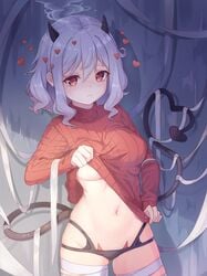 1girls artist_request black_horn black_panties clothing demon demon_girl demon_tail female heart helltaker horns looking_at_viewer modeus_(helltaker) panties solo solo_female spade_tail straight_hair sweater sweater_lift tail underwear white_hair