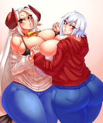 2girls big_ass big_breasts blush bra breasts dotil eyelashes hanako_(debaucheryninja) holding holding_hands horn huge_ass huge_breasts jeans multiple_girls pants skin_tight thick_thighs tight_jeans tight_pants vella_(debaucheryninja) voluptuous white_hair wide_hips