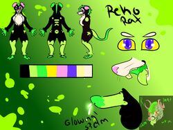 4:3 anthro balls black_body black_fur blue_eyes bodily_fluids cum fan_character fur genital_fluids genitals green_body green_fur green_paws green_tail hi_res male mammal model_sheet mouth_shot murid murine open_mouth penis pink_ears pink_nose rat rodent rodentglamour solo tan_body tan_fur yellow_eyes