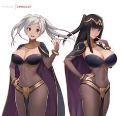 2girls big_breasts black_hair blunt_bangs bodystocking bridal_gauntlets cosplay dakkalot female_only fire_emblem fire_emblem_awakening long_hair multiple_girls nintendo purple_eyes robin_(fire_emblem) robin_(fire_emblem)_(female) same_outfit tharja_(fire_emblem) tharja_(fire_emblem)_(cosplay) white_hair