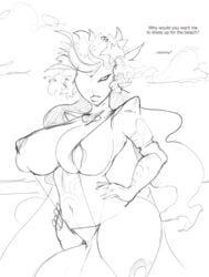 1girls areola_slip areolae_slip beach danu female goddess milf shin_megami_tensei shin_megami_tensei_iv_apocalypse shin_megami_tensei_iv_final sketch sling_bikini smoxul text