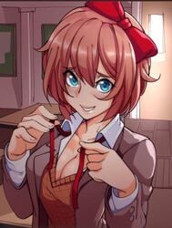 blue_eyes bow breasts cleavage doki_doki_literature_club female hair_between_eyes hairbow just_sayori looking_at_viewer nisego pov pov_eye_contact red_bow sayori_(doki_doki_literature_club) school school_desk school_uniform schoolgirl smile smiling solo solo_female solo_focus