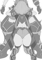 1boy 1girls ass back boots breasts facing_away fellatio female gatyo_5 gloves greyscale implied_fellatio implied_oral large_breasts monochrome nintendo oral pyra rex_(xenoblade) salvager_trousers salvager_vest short_hair short_shorts shorts simple_background straight thighhighs xenoblade_(series) xenoblade_chronicles_2