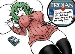 1girls belly_button big_breasts condom deculture female hikage_(senran_kagura) huge_breasts large_breasts lying lying_on_back on_back on_bed open_mouth pillow senran_kagura sleeping solo solo_female sweater text thick_thighs thighhighs thighs wide_hips