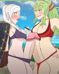 2futas ahegao armpit big_balls big_penis brown_hair cleavage eroticaquatic fire_emblem fire_emblem_awakening fire_emblem_heroes frottage futa_on_futa futa_only futanari green_eyes green_hair half-closed_eyes hand_on_hip heart-shaped_pupils jacket large_penis looking_at_partner medium_breasts nintendo pale-skinned_futanari pale_skin penis_touching pleasure_face robin_(female)_(summer)_(fire_emblem) robin_(fire_emblem) robin_(fire_emblem)_(female) sideboob sweat swimsuit testicles tiki_(adult)_(fire_emblem) tiki_(adult)_(summer)_(fire_emblem) tiki_(fire_emblem) tongue_out trembling underboob white_hair