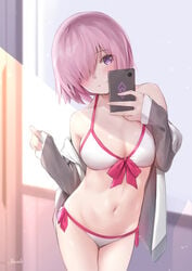 1girls absurdres bangs bee_doushi big_breasts bikini blush breasts cleavage fate/grand_order fate_(series) female highres jacket long_sleeves looking_at_viewer mash_kyrielight mashu medium_breasts navel pink_hair purple_eyes self_shot shielder_(fate) shielder_(fate/grand_order) short_hair smile solo solo_focus swimsuit type-moon white_bikini