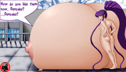 big_ass breasts breasts_bigger_than_body breasts_bigger_than_head breasts_bigger_than_torso buried_under_breasts dialogue eiken huge_breasts hyper hyper_breasts kirika_misono nude ponytail purple_hair smothering solo_focus speech_bubble squish tagme text