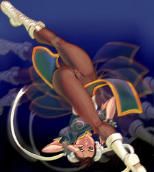 boots brown_hair bun_cover capcom china_dress chinadress chinese_clothes chun-li double_bun female female_only high_kick human kick kicking masao motion_blur no_panties pantyhose solo straight_hair street_fighter