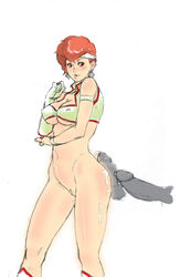 1girls 2009 breasts cleavage crop_top cum curvaceous dark-skinned_female dark_skin dirty_pair disembodied_penis female gloves headband human kei_(dirty_pair) large_breasts male penis pussy red_hair short_hair standing tomboy white_background yamamayuga