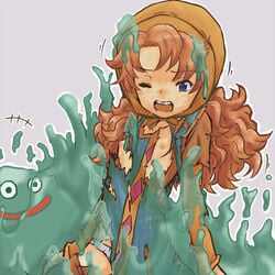 blue_eyes brown_hair bubble_slime clothing dissolving_clothes dragon_quest dragon_quest_vii erect_nipples female flat_chest maribel monster nipples no_bra panties slime slime_(dragon_quest) slime_monster torn_clothes yokoyoko