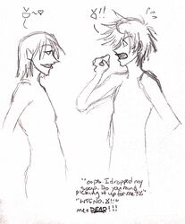 2boys animorphs black_and_white dialogue english_text male_only marco_(animorphs) no_legs rough_sketch sketch teasing tobias_(animorphs) upper_body