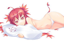 hips leaf leaf_girl leaves looking_at_viewer lowleg lowleg_panties lying maple_leaf maple_leaves monster_girl nanakusa on_side panties pillow red_hair topless underwear