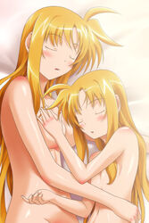 2girls blush dual_persona fate_testarossa long_hair lyrical_nanoha mahou_shoujo_lyrical_nanoha mahou_shoujo_lyrical_nanoha_a's mahou_shoujo_lyrical_nanoha_a's mahou_shoujo_lyrical_nanoha_strikers multiple_girls nude sleeping time_paradox yuuki yuuki1103 yuuki_(pixiv107834)