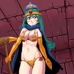 bikini blush breasts cape circlet dragon_quest dragon_quest_iii elbow_gloves gloves green_hair long_hair magic_bikini_(dq) masao metal_slime navel sage_(dq3) slime_(dragon_quest) small_breasts staff swimsuit tear