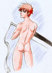 ass back_view balls bleach holding_sword human ichigo_kurosaki looking_back male male_only milky pale_skin short_hair solo standing tagme