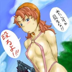 blush brown_hair club dragon_quest dragon_quest_vii female flat_chest long_hair mace maribel mawarimiti messy_hair swimsuit translation_request