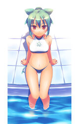 arm_support bare_shoulders bikini blush female female_only hair halter_top halterneck human leaf nanakusa navel original pool red_eyes shiny shiny_skin solo swimsuit thigh_gap