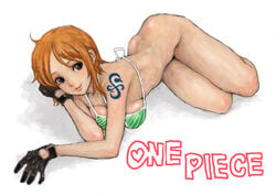 bikini bikini_top bottomless bra female female_only gloves legs_together lingerie lying nami no_panties on_side one_piece orange_hair pon pre-timeskip short_hair smile straight_hair swimsuit tattoo tattoos title_drop underwear