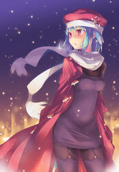 christmas dress hat nanakusa original pantyhose red_eyes scarf short_hair snow solo thighhighs