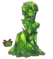 alternate_species breasts curvy_figure female genitals goo_creature goo_hair goo_humanoid green_body green_eyes green_hair green_sclera green_skin hair hourglass_figure humanoid humanoid_hands humanoidized inverted_nipples looking_at_viewer medium_breasts monster_girl nipples nude nyong_nyong pose pseudo_hair pussy reference_inset simple_background slime slime_girl solo spiked_jungle_slime_(terraria) spikes standing terraria white_background