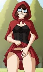 ai_generated ass bigmic145 breasts capelet cartoon_network cleavage corset cosplay female hood panties red_hair red_riding_hood red_riding_hood_(cosplay) scooby-doo scooby-doo!_mystery_incorporated skirt tease teasing velma_dinkley velma_dinkley_(mystery_incorporated)