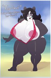 1girls anthro beach big_breasts bikini black_hair breasts eikasianspire english_text female female_only huge_breasts large_breasts long_hair looking_at_viewer nipple_bulge overweight overweight_female panda purple_eyes skimpy sling_bikini solo text two_tone_body two_tone_fur ursid