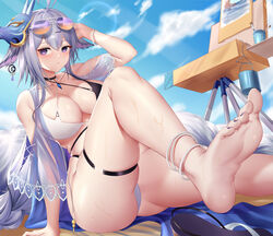 1girls azur_lane barefoot chitu_hefeng_zhong eyewear_on_head feet female foot_fetish foot_focus glasses_on_head purple_eyes silver_hair sunglasses_on_head sweat swimsuit toes tosa_(azur_lane)