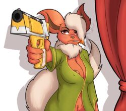 alpha_channel anthro anthrofied barely_visible_genitalia barely_visible_pussy bottomless breasts canid canine cigarette cigarette_in_mouth cleavage clothed clothing curtains dunewulff eeveelution female flareon fur genitals gesture gun hi_res looking_at_viewer mammal nintendo nipple_slip nipples pointing pointing_at_viewer pokémon_(species) pokémorph pokemon pussy ranged_weapon solo video_games weapon