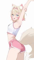 armpit arms_above_head blue_eyes crop_top dog_ears dog_girl dog_tail hololive hololive_english mococo_abyssgard petite_body small_ass small_breasts virtual_youtuber vtuber