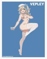 1girls ass beret blonde_hair blue_eyes blush bottomless breasts bronzeerectile buronjin convenient_censoring covering_breasts female female_only functionally_nude girls'_frontline girls'_frontline_2:_exilium hair_ornament hair_ribbon leg_up navel open_mouth pinup side_ponytail text thighhighs thighhighs_only topless upper_teeth vepley white_legwear